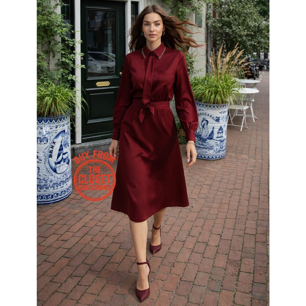Zara NWT Burgundy Tie Neck Belted Midi Shirt Dress S M - Picture 7 of 16